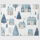 Blue Christmas House und Bäume Geschenkpapier (Flach)