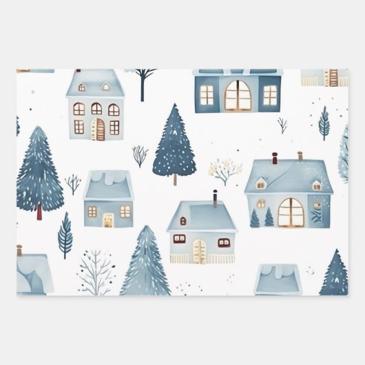 Blue Christmas House und Bäume Geschenkpapier Set (Vorderseite)
