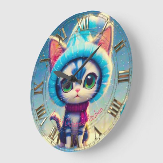 Blue Christmas Kitty Große Wanduhr (Winkel)