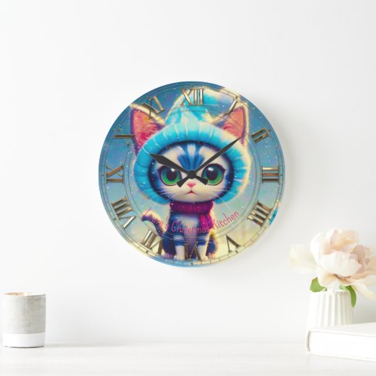 Blue Christmas Kitty Große Wanduhr (Zuhause)