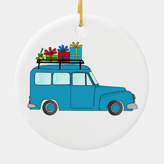 Blue Christmas LKW mit Geschenken Keramikornament (Hinten)