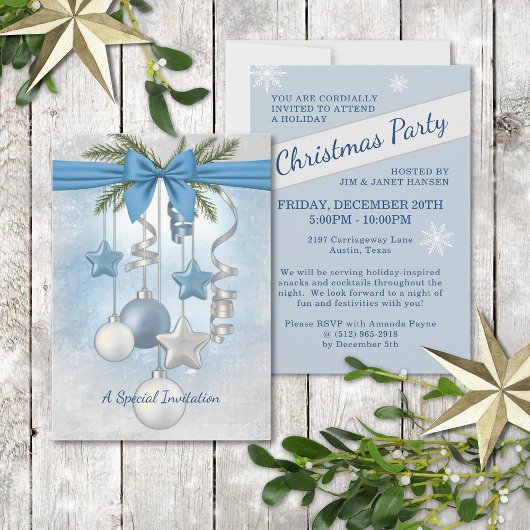 Blue Christmas Multiple Ornaments Party Invitation Einladung