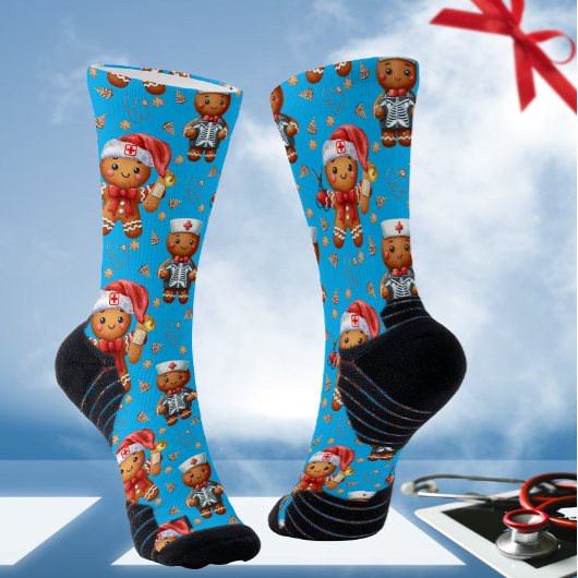 Blue Christmas Nurse Whimsical Gingerbread Man Socken
