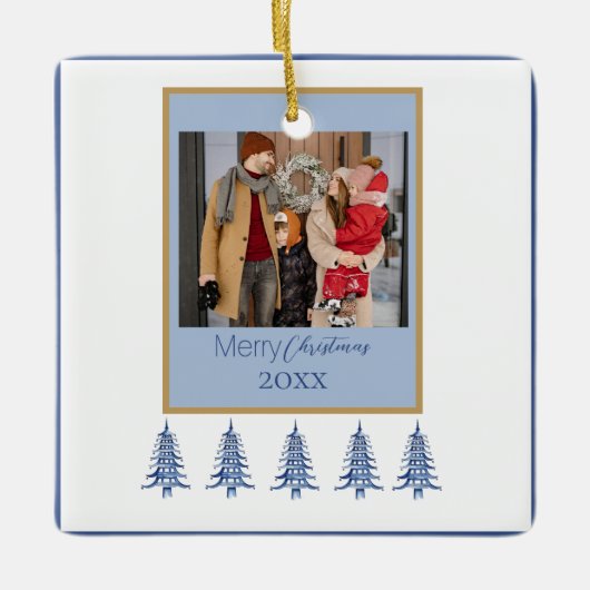 Blue Christmas Pagoda Trees 1-Foto Frame Keramikornament (Vorderseite)