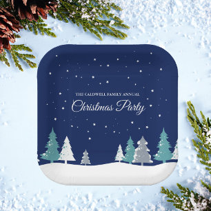 Blue Christmas Party Winter Trees Custom Dessert Pappteller