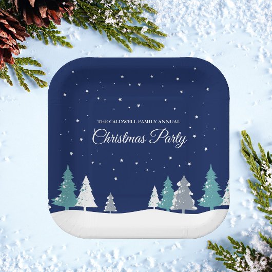 Blue Christmas Party Winter Trees Custom Dessert Pappteller