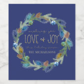 Blue Christmas Peacock Wreath Liebe + Freude Weinetikett (Einzelnes Label)