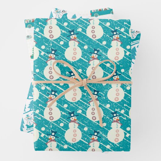 Blue Christmas Penguin, Snowman, Rentier Set of Geschenkpapier Set (Beispiel)