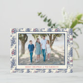 Blue Christmas Santa Toile Foto Feiertagskarte (Stehend Vorderseite)