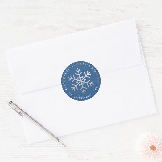 Blue Christmas Snowflake Elegant Faux Silver Foil  Runder Aufkleber (Umschlag)