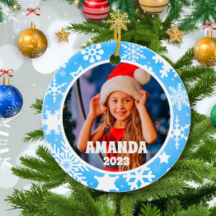 Blue Christmas Snowflakes Personalisiert Kids Foto Keramik Ornament