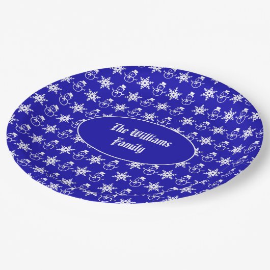 Blue Christmas Snowman Snowflakes Pattern Modern Pappteller (Schrägansicht)