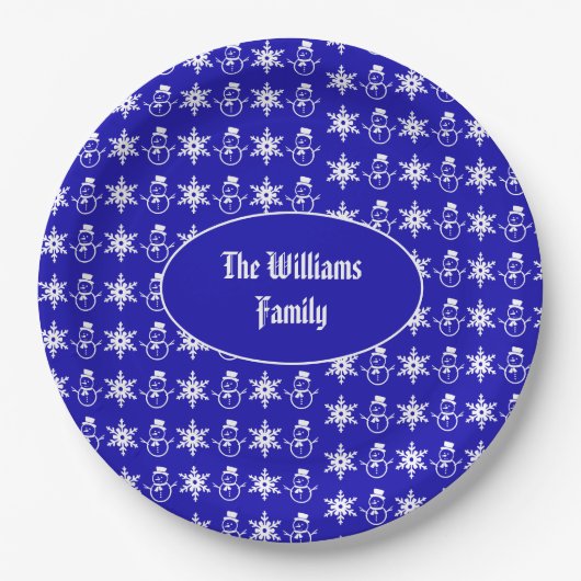 Blue Christmas Snowman Snowflakes Pattern Modern Pappteller (Vorderseite)