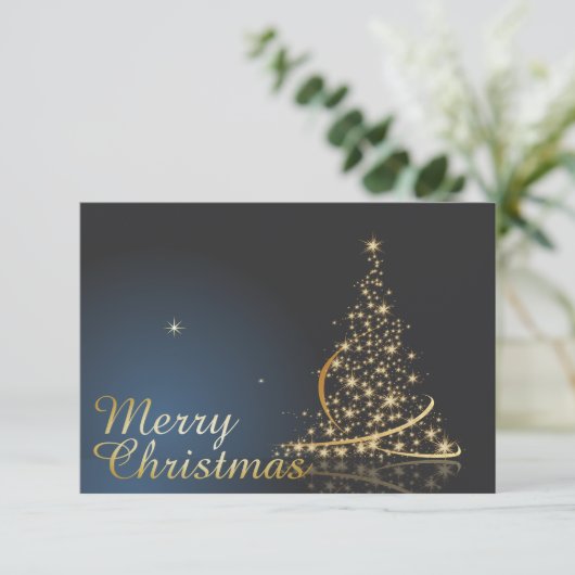 Blue Christmas Thema mit goldenem Weihnachtsbaum Einladung (Stehend Vorderseite)