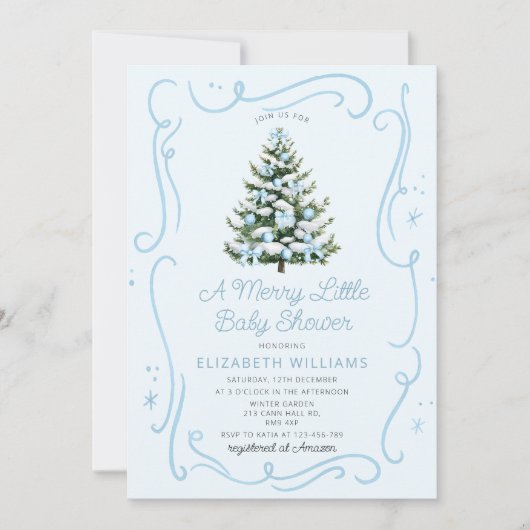 Blue Christmas Tree A Merry Little Baby Shower Einladung (Vorderseite)
