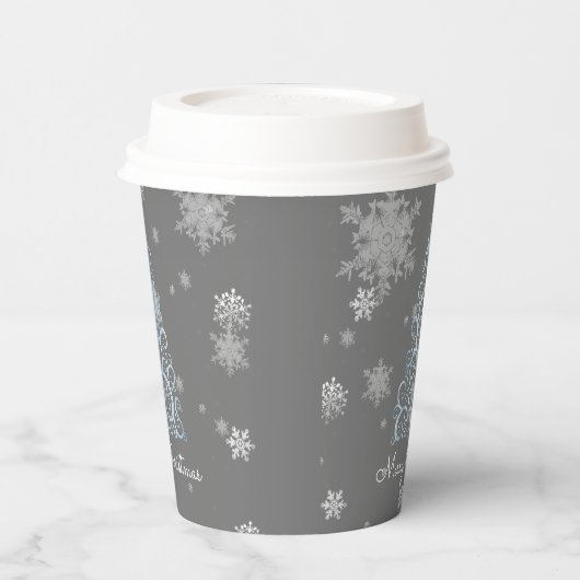 Blue Christmas Tree and Snowflakes Paper Cup Pappbecher (Links)