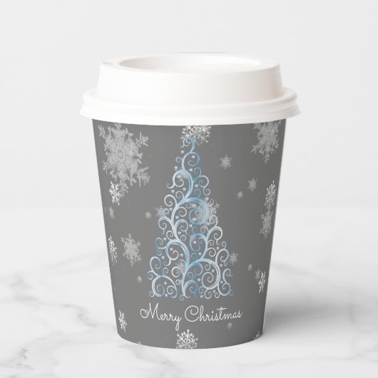 Blue Christmas Tree and Snowflakes Paper Cup Pappbecher (Rückseite)