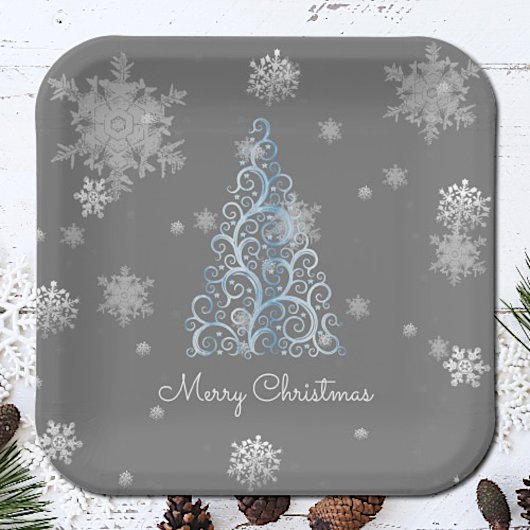 Blue Christmas Tree and Snowflakes Paper Plate Pappteller