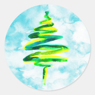 Blue Christmas Tree Aquarell Classic Round Runder Aufkleber