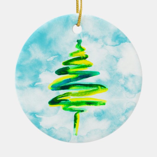 Blue Christmas Tree Aquarell Keramik Ornament (Vorne)