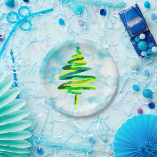 Blue Christmas Tree Aquarellpapier Teller (Party)