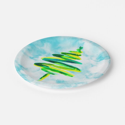 Blue Christmas Tree Aquarellpapier Teller (Schrägansicht)