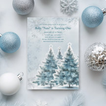 Blue Christmas Tree Baby 1st Birthday Invitation