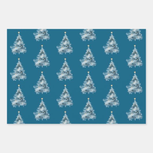 Blue Christmas Tree Gold Star Geschenkpapier Set (Vorderseite)