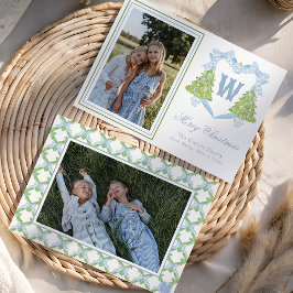 Blue Christmas Tree Monogram Wappen Foto Feiertagskarte