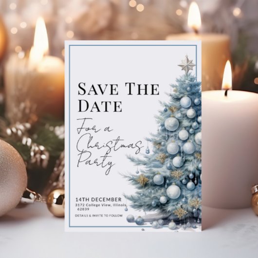 Blue Christmas Tree Silver Baubles Save the Date Einladung
