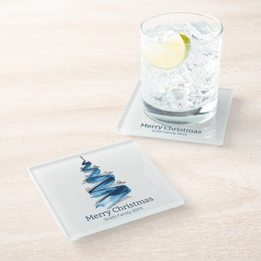 Blue Christmas Tree Watercolor Glasuntersetzer (Schrägansicht)