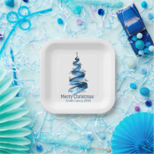 Blue Christmas Tree Watercolor Pappteller