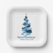 Blue Christmas Tree Watercolor Pappteller (Vorderseite)