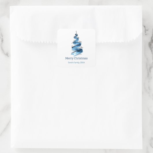 Blue Christmas Tree Watercolor Quadratischer Aufkleber (Tasche)