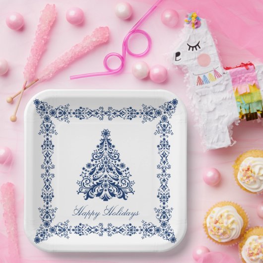 Blue Christmas Tree Your Background and Text Pappteller (Party)