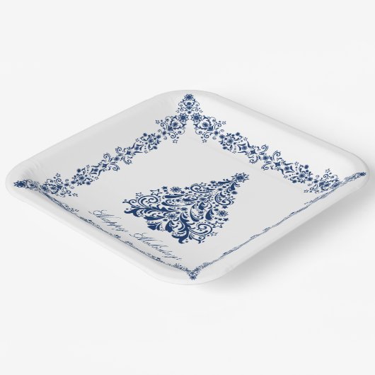 Blue Christmas Tree Your Background and Text Pappteller (Gewinkelt)