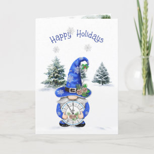 Blue Christmas Winter Gnome mit Uhr Feiertagskarte