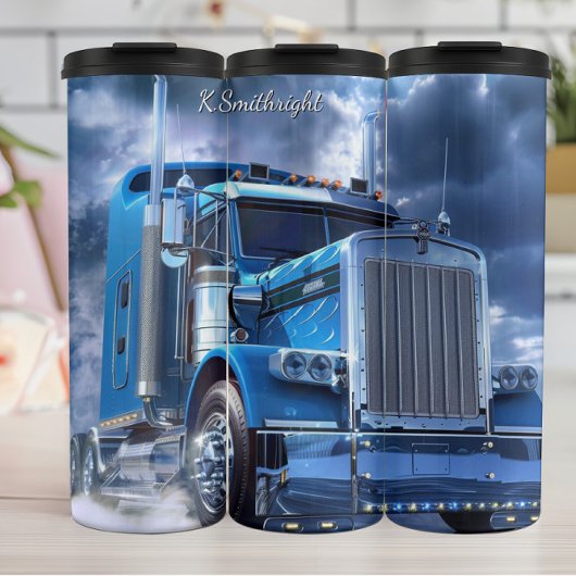 Blue Chrome Semi Truck Stormy Sky Thermosbecher