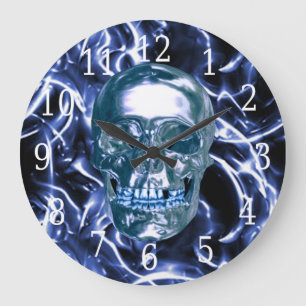 Blue Chrome Skull Round Clock Große Wanduhr
