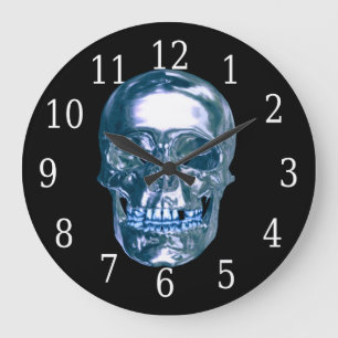 Blue Chrome Skull Round Clock Große Wanduhr