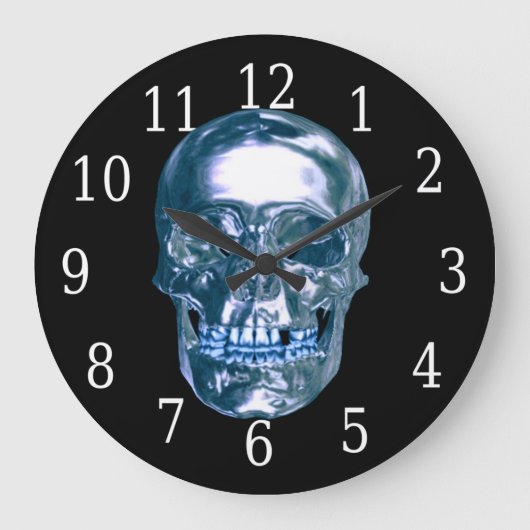 Blue Chrome Skull Round Clock Große Wanduhr (Vorderseite)