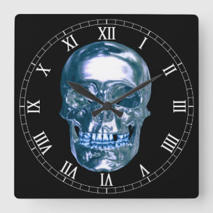 Blue Chrome Skull Square Roman Numerals Clock Quadratische Wanduhr