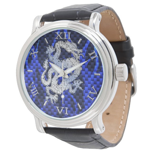 Blue Chrome wie Dragon Carbon Fibre Style Dial Armbanduhr (Schrägansicht)