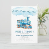 Blue Chugga Choo Choo Train Birthday Party Einladung (Stehend Vorderseite)