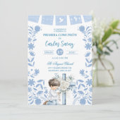  Blue Cielito Lindo First Holy Communion  Einladung (Stehend Vorderseite)