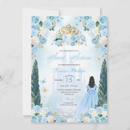 Blue Cinderella Fairytale Princess 16 . Geburtstag Einladung (Vorderseite)