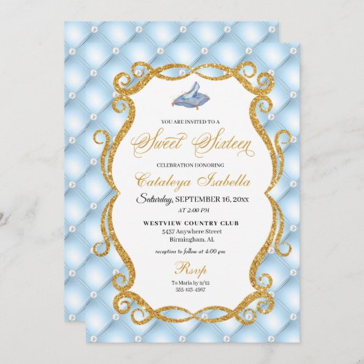 Blue Cinderella Glass Shoe Princess 16 . Geburtsta Einladung (Vorne/Hinten)