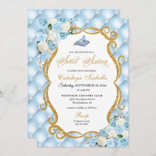 Blue Cinderella Glass Shoe Princess 16 . Geburtsta Einladung (Vorne/Hinten)