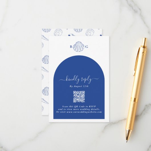 Blue Clam Seashells Coastal Seaside Beach Wedding Begleitkarte (Vorderseite/Rückseite Beispiel)