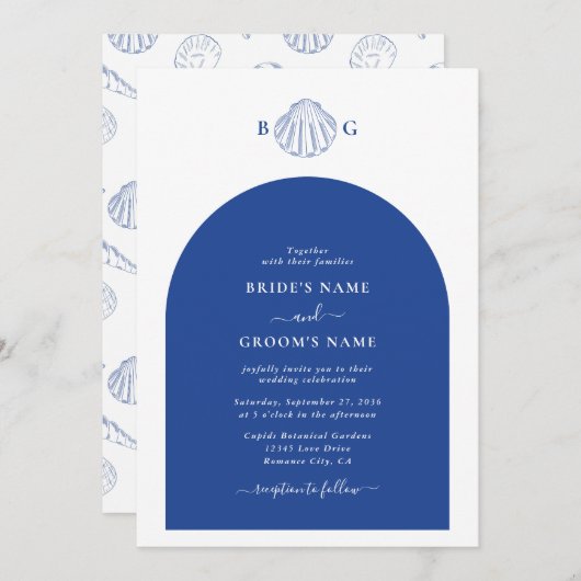 Blue Clam Seashells Coastal Seaside Beach Wedding Einladung (Vorne/Hinten)